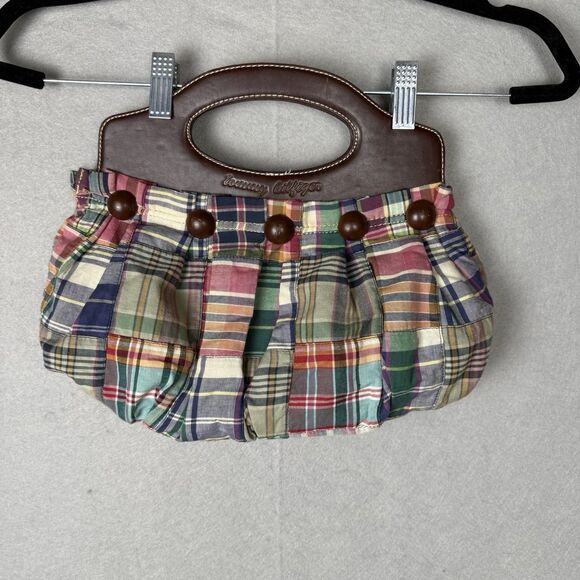 Vintage Tommy Hilfiger Madras Plaid Handbag With Brown Buttons & Magnetic Handle - Picture 1 of 7